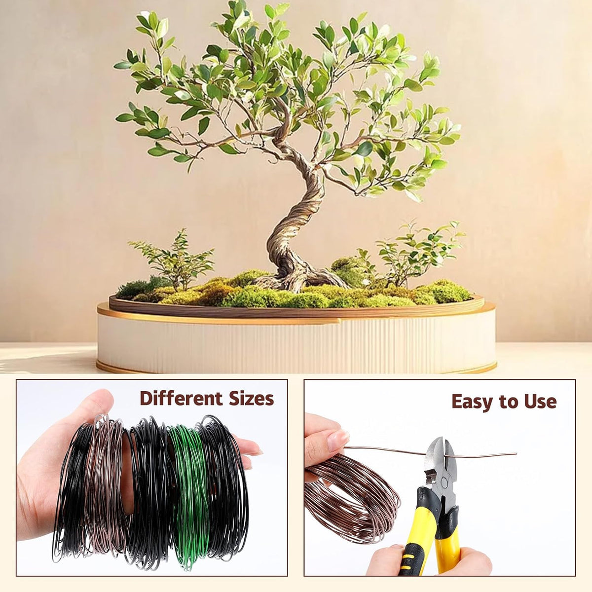 5 Roll Bonsai Wires, Anodized Aluminum Bonsai Training Wire with Wire Cutter, 3 Colors and 3 Sizes