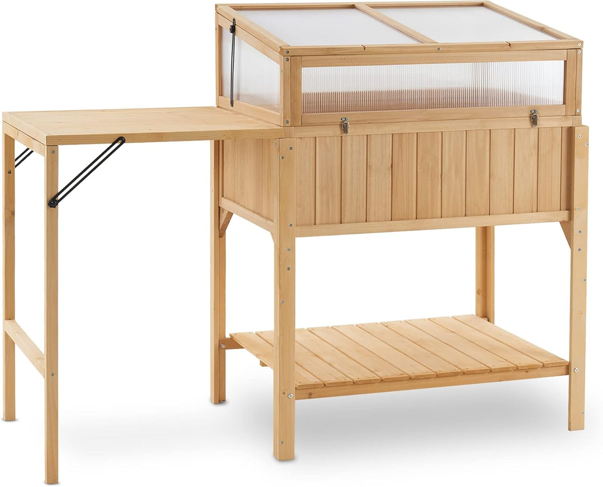 Macrout Cold Frame Greenhouse with Foldable Potting Table, Raised Garden Bed Planter Box with Legs