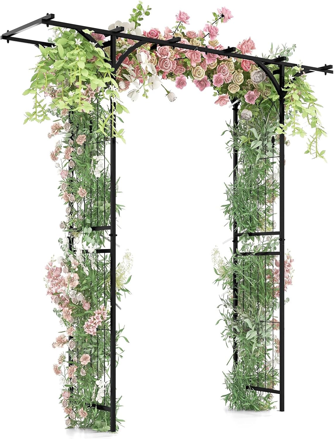 LDAILY Wedding Arch, 6.8FT Rustproof Metal Garden Arbor with Extended Roof & 4 Stakes, Outdoor