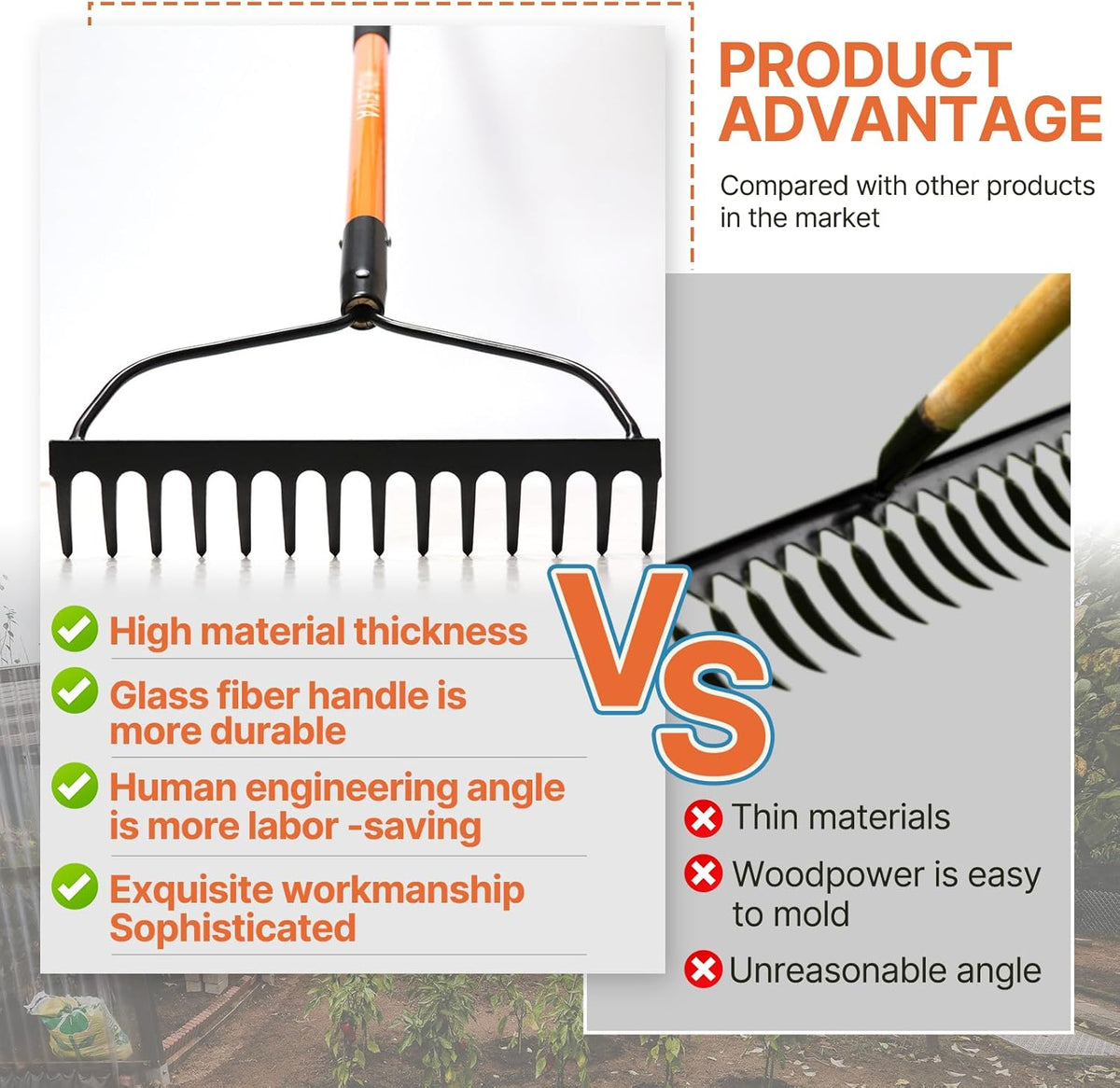 Garden Rake Heavy Duty, 14-Tine Bow Rake with 57" Fiberglass Handle, for Soil Leveling, Lawn Care