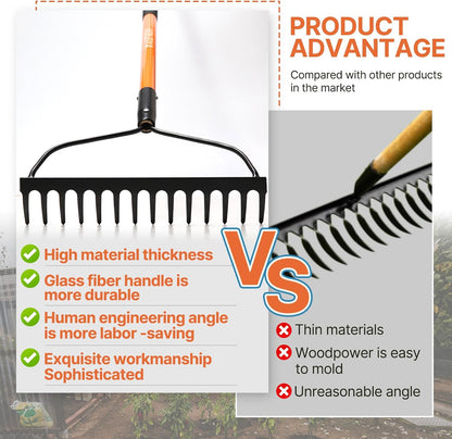 Garden Rake Heavy Duty, 14-Tine Bow Rake with 57" Fiberglass Handle, for Soil Leveling, Lawn Care