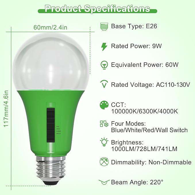 ORALUCE LED Grow Light Bulb 4 Modes, 60 Watt Equivalent Grow Bulbs for Indoor Plants E26 Base, A19