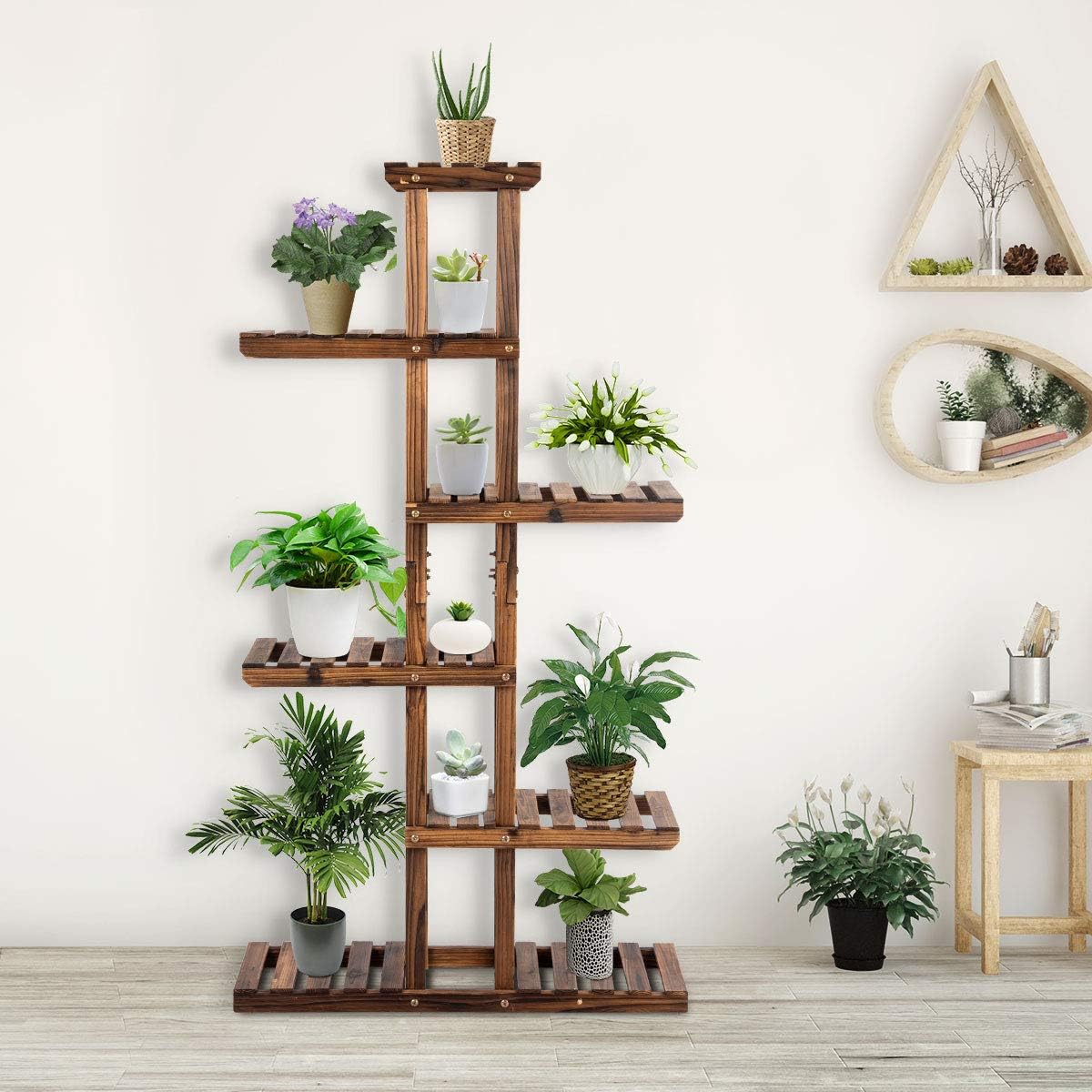 COSTWAY 6-Tier Multifunctional Wood Flower Stand, Shelf Holder for Multiple Plants, Freestanding