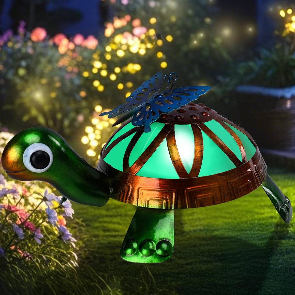 Solar Garden Outdoor Statues with Butterfly, Metal Garden Turtle Statue Solar Lights Outdoor