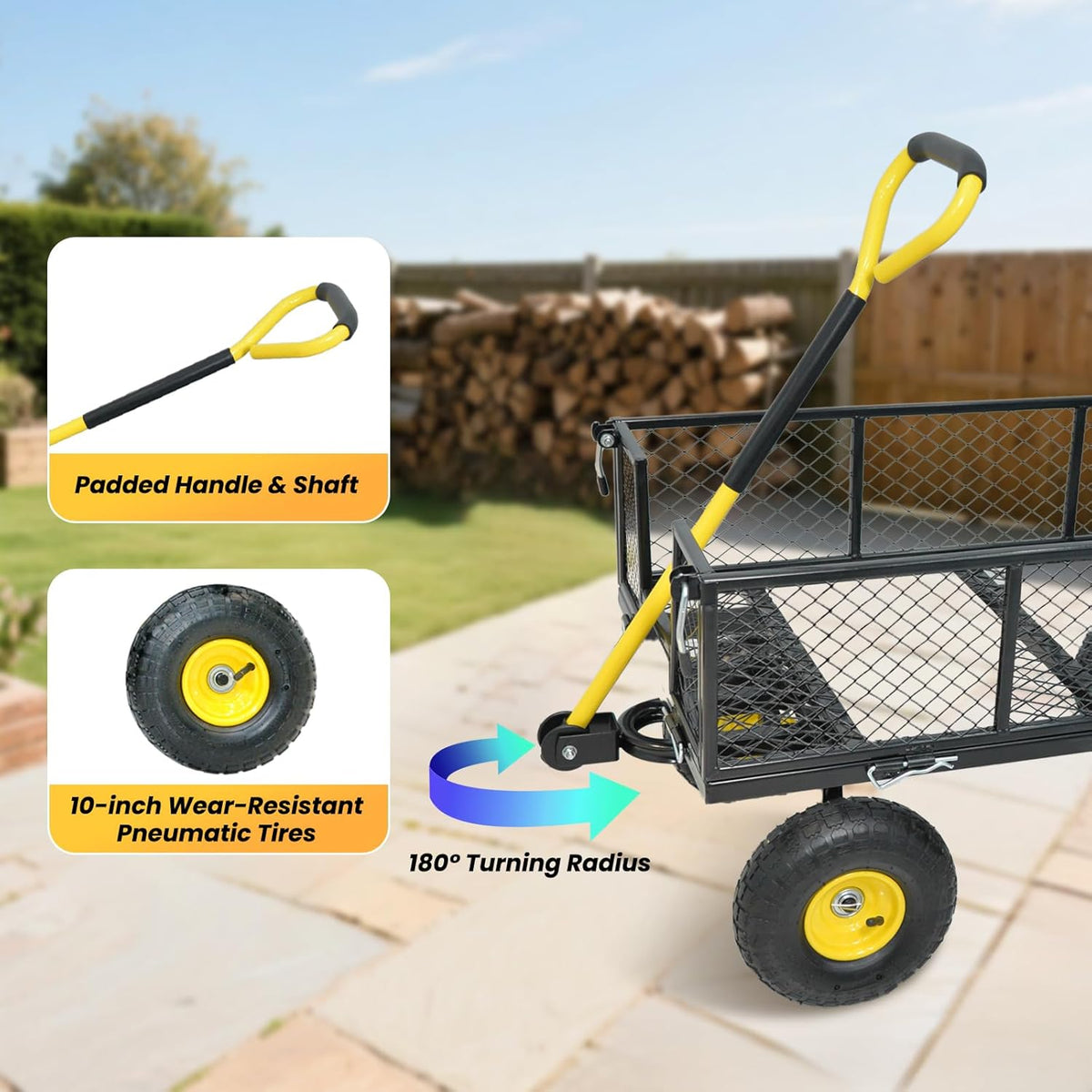 900 lbs Steel Garden Cart, Heavy Duty Yard Utility Wagon with 10" Pneumatic Tires, Removable Mesh