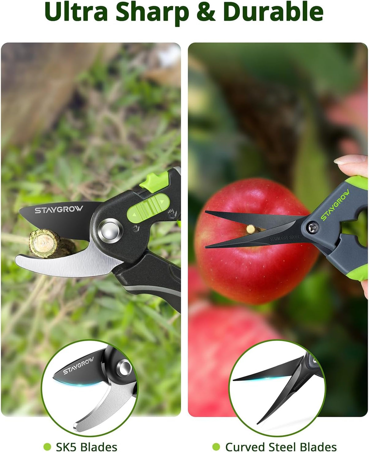 Pruning Shears for Gardening 2 Pack, 8.5" Bypass Garden Clippers and 6.5" Curved Garden Shears