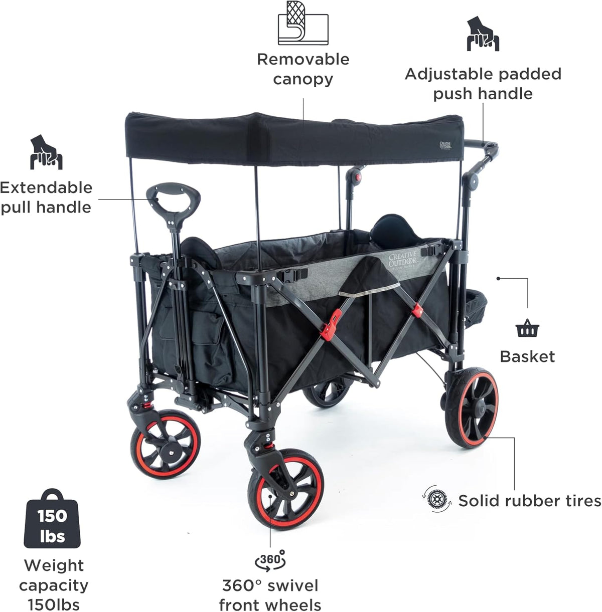 Creative Outdoor Push Pull All-Terrain Collapsible Folding Stroller Wagon for Kids, 150lbs Weight