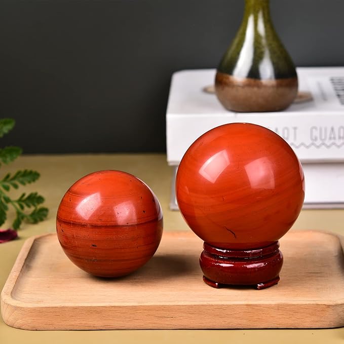 JIC Gem Red Jasper Crystal Sphere Ball Natural Quartz Crystal Sphere Ball with Wooden Stand