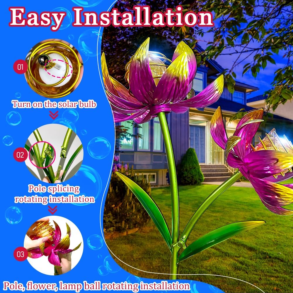 Solar Wind Spinner Outdoor, 63 Inch Metal Wind Spinner Yard Art with Lights - Twin Flower Design