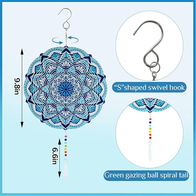 Wind Spinners Outdoor with Crystal Tail, Marzovitra Stainless Steel 3D Kinetic 10 Inch Garden Decor