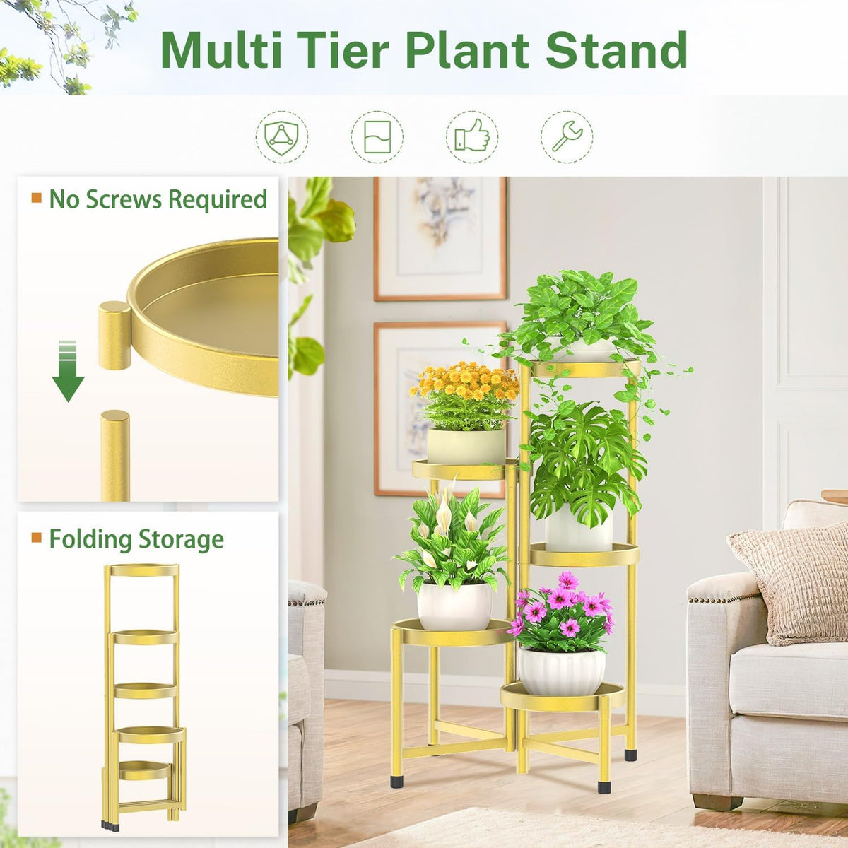 iDavosic.ly Plant Stand Indoor Outdoor, 5 Tier Corner Metal Flower Display Holder Shelf, Folding