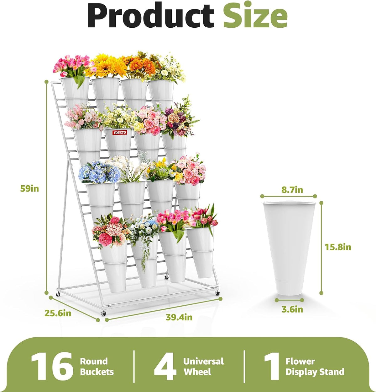 Flower Display Stand 4 Layers with 16 PCS Round Buckets, Plant Stand with Wheels, Movable Metal