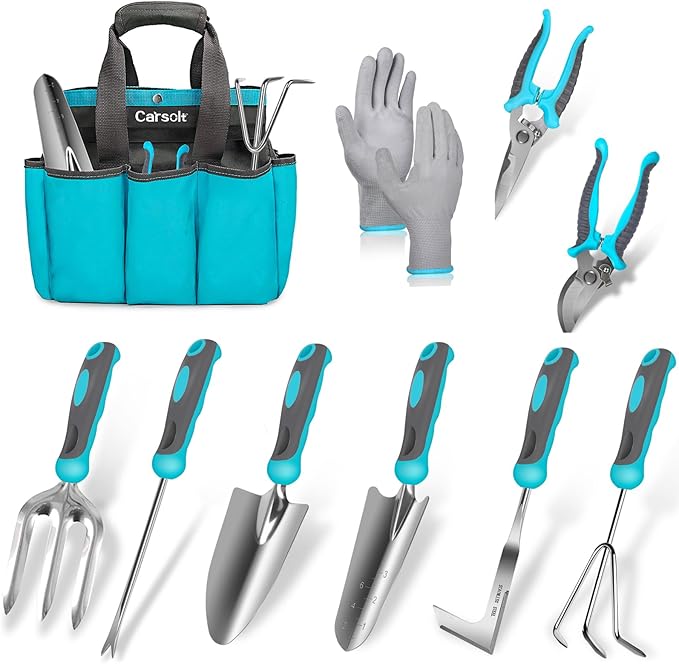 Gardening Tools, Carsolt 10 Piece Heavy Duty Stainless Steel Garden Tools Set with Ergonomic Rubber