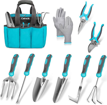 Gardening Tools, Carsolt 10 Piece Heavy Duty Stainless Steel Garden Tools Set with Ergonomic Rubber