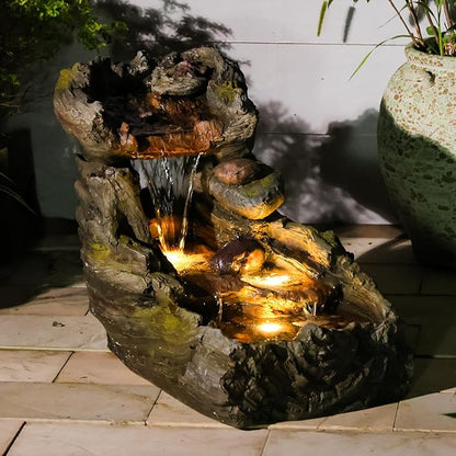 32.5" L Garden Outdoor Water Fountain, Floor Standing Cascading Realistic Tree Trunk Natural