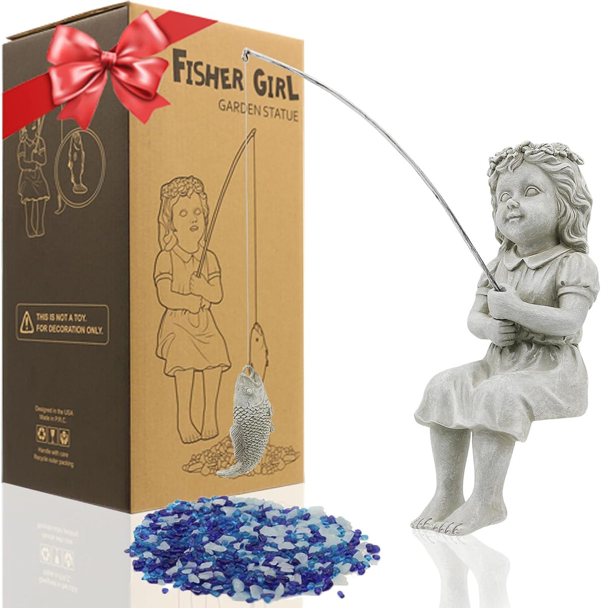 Goodeco Fishergirl Statue Garden Decor - 11" Little Fishing Guy for Koi Pond or Waterfalls