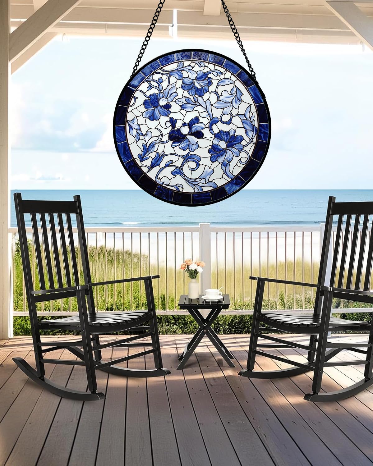 Stained Glass Window Hanging, Blue and White Abstract Flowers Sun Catcher for Door Home Decor