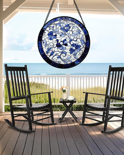Stained Glass Window Hanging, Blue and White Abstract Flowers Sun Catcher for Door Home Decor