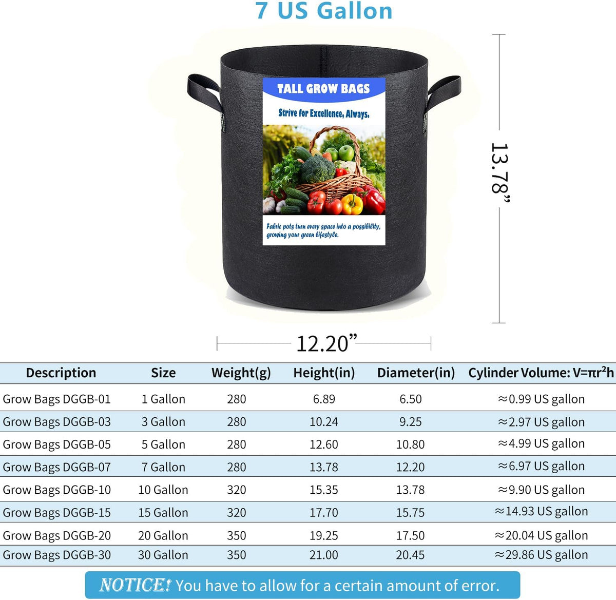 7 US Gallon 8 Pack Tall Grow Bags for Vegetables, Heavy Duty Nonwoven Aeration Fabric Deep Grow