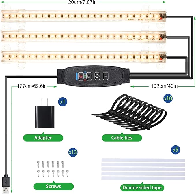 3 Head 7.8 Inches LED Grow Light Strips, Grow Lamps for Indoor Plants Full Spectrum 3000K, 72 LEDs