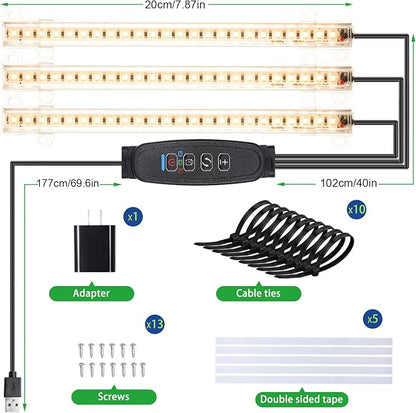 3 Head 7.8 Inches LED Grow Light Strips, Grow Lamps for Indoor Plants Full Spectrum 3000K, 72 LEDs