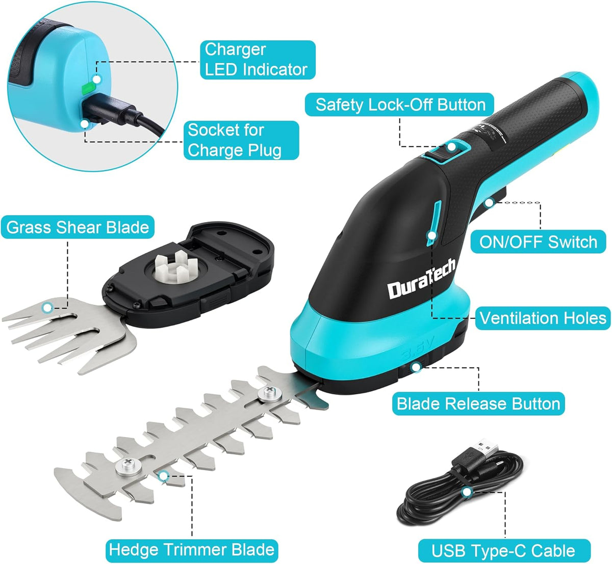 DURATECH Cordless Hedge Trimmer, 3.6V 2-in-1 Handheld Rechargeable Grass Trimmer & Hedge Shears