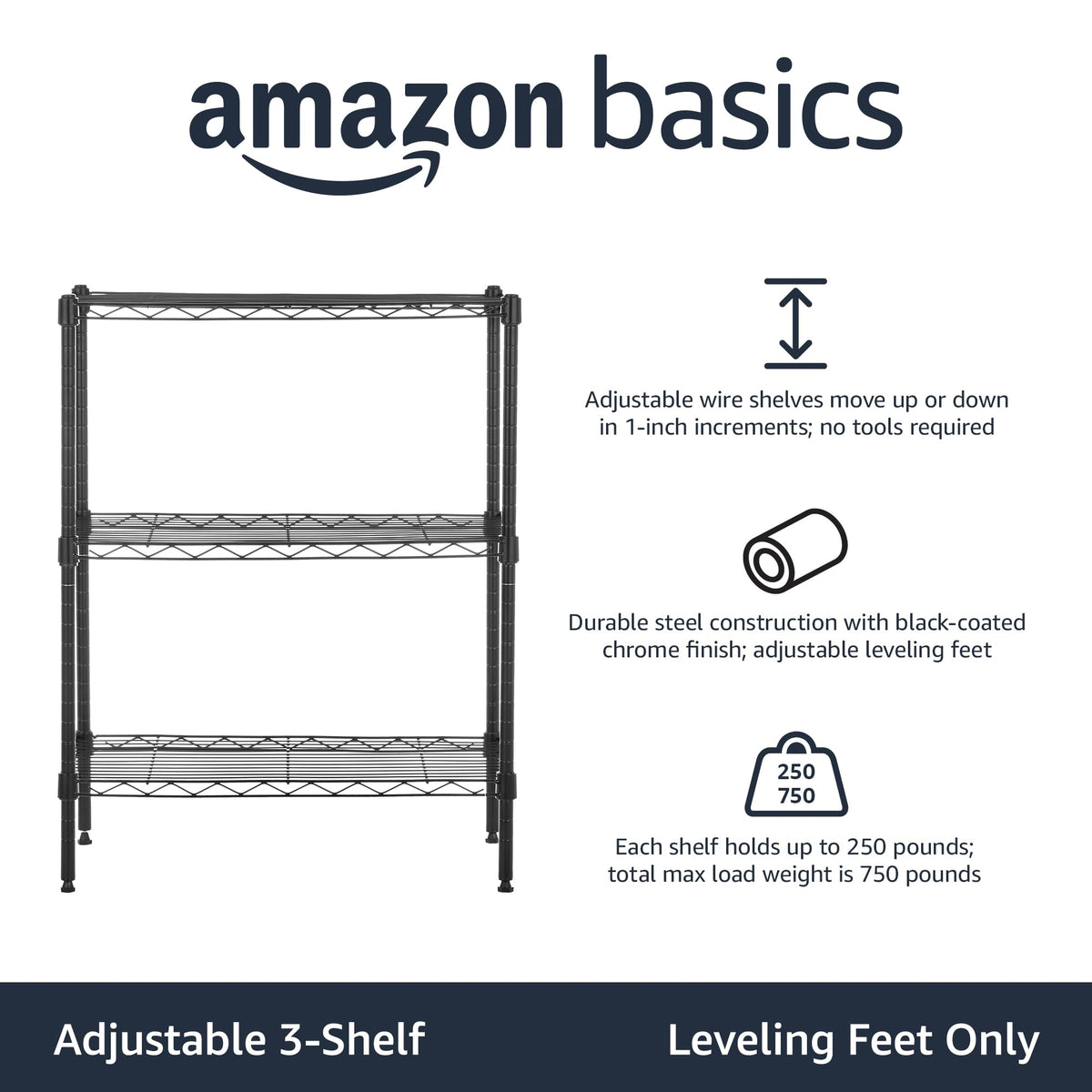 Amazon Basics 3-Shelf Adjustable Heavy Duty Steel Wire Rack Storage Shelving Organizer with Storage