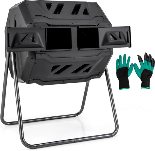 S AFSTAR Composter Tumbler Outdoor, 42-Gal Dual Chamber Tumbling Composter with 2 Sliding Doors