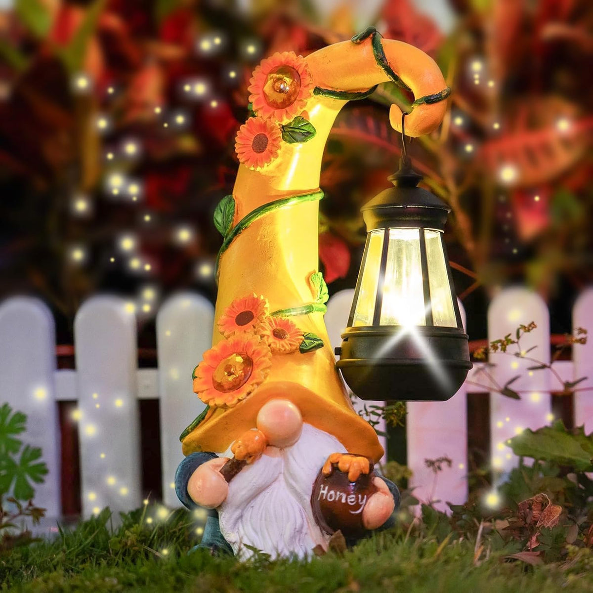 Thanksgiving Decorations for Home Porch 12" Solar Sunflower Gnome Garden Statues Honey Bee Jar