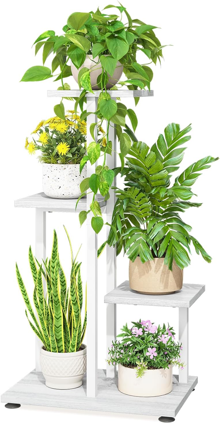 LASZOLA White 4 Tiered Wood Plant Stand Indoor for Large Heavy Duty Planter, Sturdy Multi Level