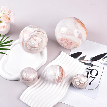 JIC Gem Large Pink Crystal Sphere with Stand Agate Crystal Ball Gemstone Decorative Ball for Home