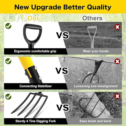 Pitch Fork, 4 Tine Heavy Duty Garden Fork with Ergonomic No-Slip D-Grip Handles, 45 Inches Long