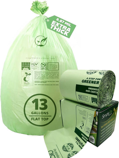13 Gallon Compostable Trash Bags with Flat-Top, Thick 0.87 Mil, 49.21 Liter, 50 Bags, Tall Kitchen