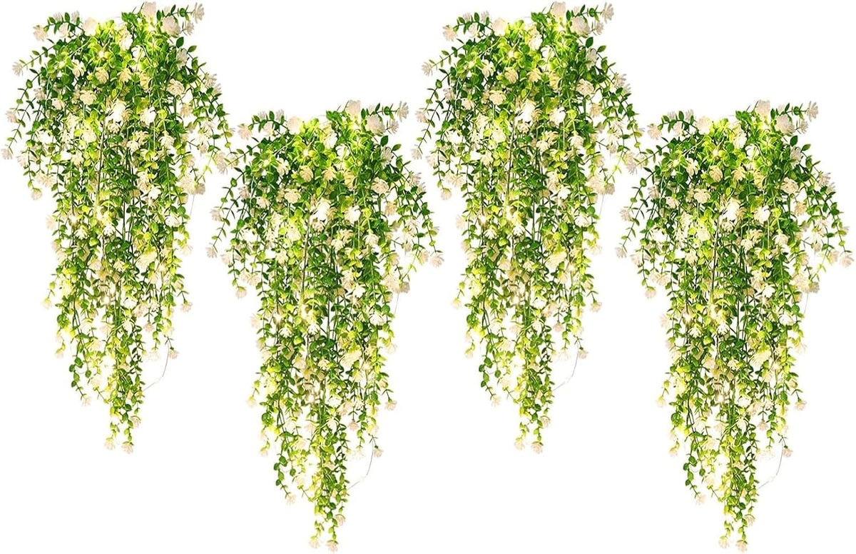 SJL Hanging Faux Plants Indoor 4pcs Fake Flowers Plant Fern with LED Lights Artificial Vines for