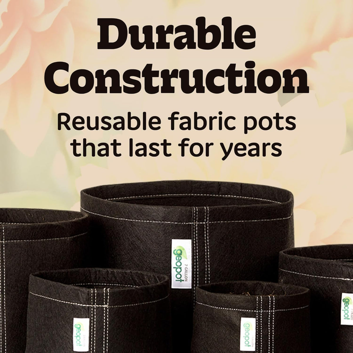 GeoPot 15 Gallon Fabric Grow Bags for Vegetables, Houseplants, Herbs & Flowers | 5-Pack | Aerated