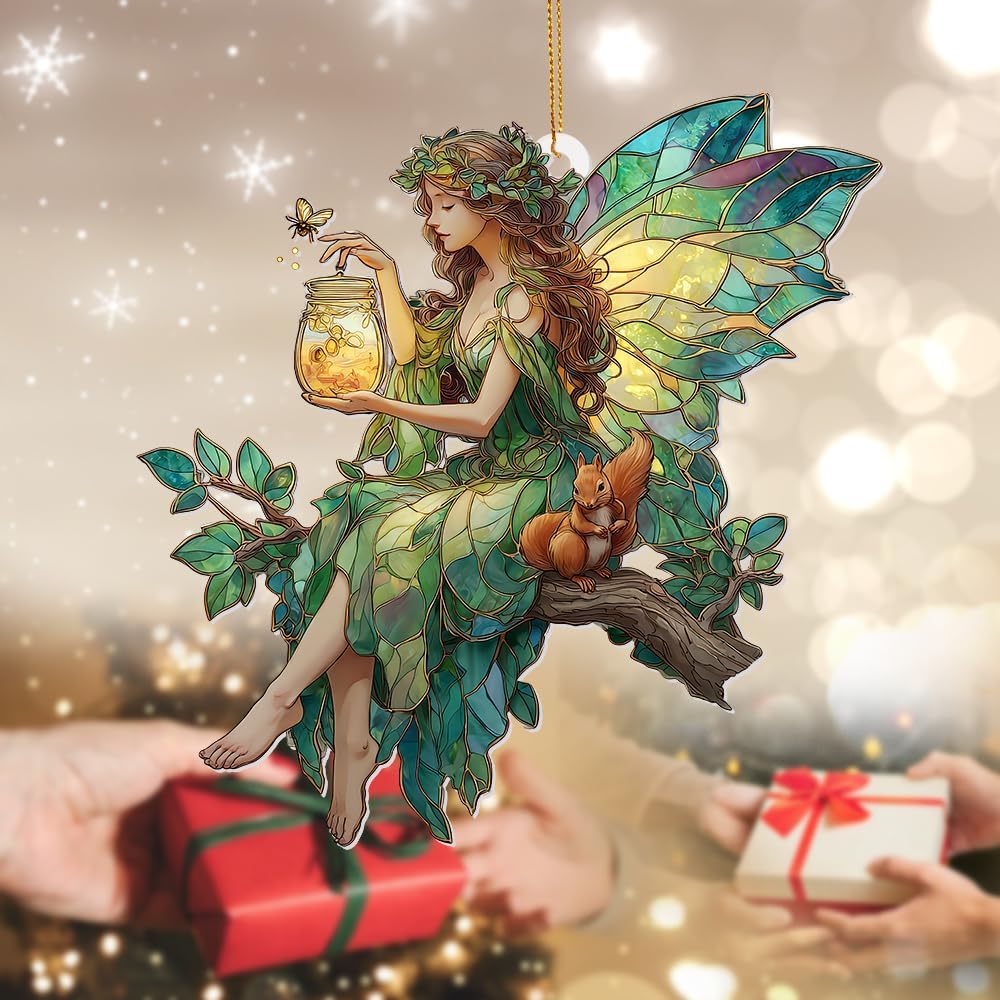 Fairy Stained Glass Acrylic Ornament – Enchanted Forest Fairy with Squirrel, Hanging Window Sun