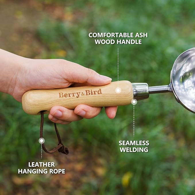 Berry&Bird Garden Loose Soil Scoop, Stainless Steel Hand Shovel Spade with Wood Handle Multi