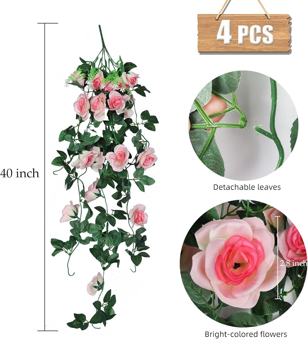 RECUTMS 4PCS Artificial Rose Hanging Flower 32 in Fake Garland for Home Room Garden Wedding Indoor
