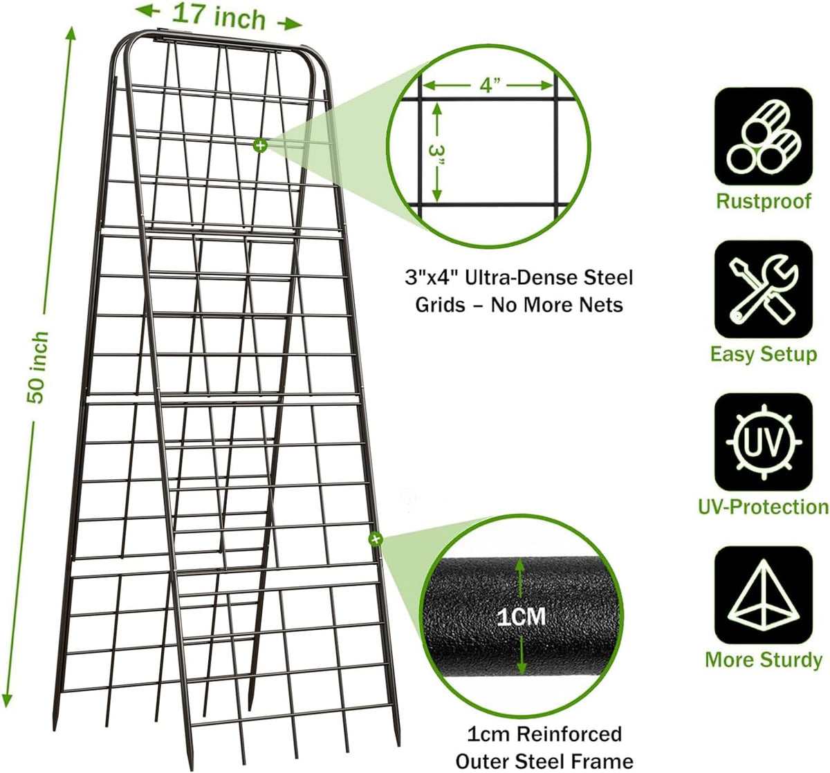 Heavy Duty 50"x17" Adjustable A-Frame Trellis for Climbing Plants – Rust-Proof Metal Garden Trellis