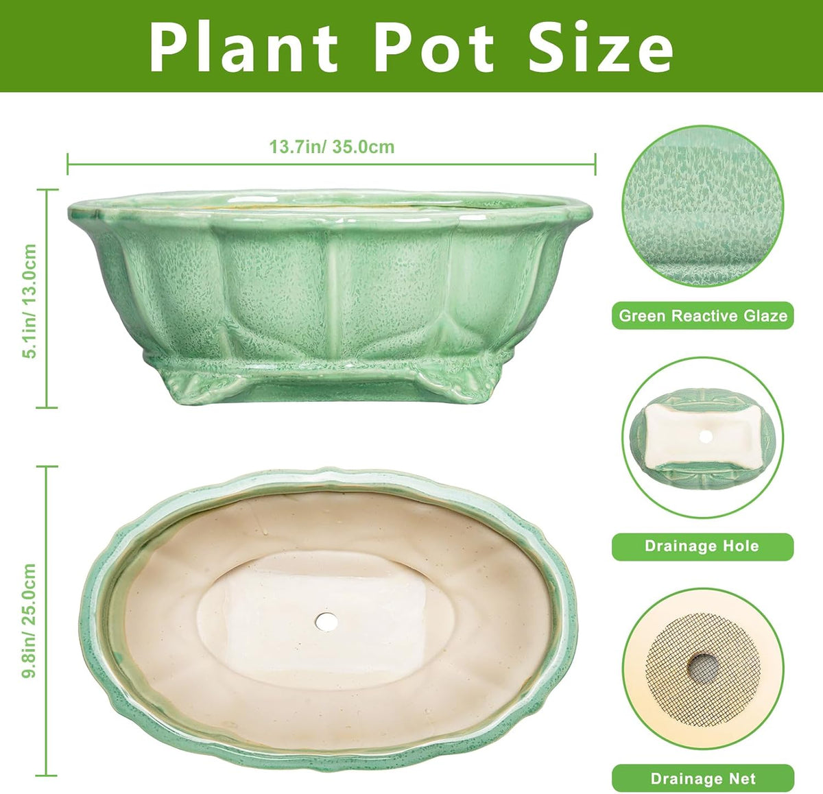 Bonsai Tree Pot - 13.2 Inch Large Ceramic Succulent Planter for Indoor Outdoor, Oval Plant Pot with