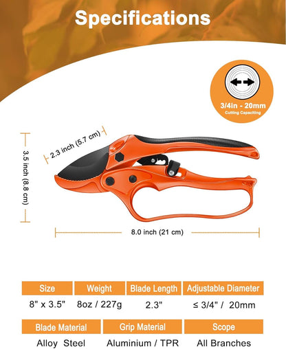 Ratchet Anvil Pruning Shears for Gardening Heavy Duty, Labor-Saving Design Garden Clippers for