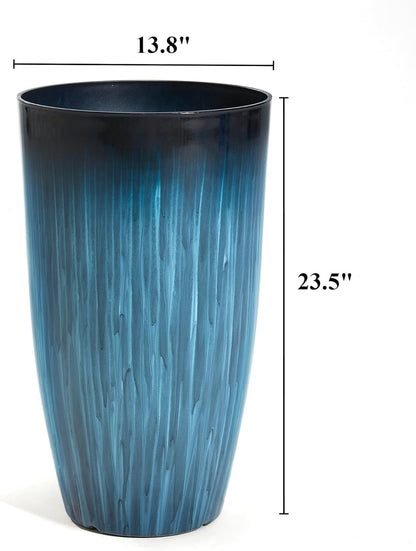 Worth Garden 23.5" Tall Plastic Planters Set of 2 with Drainage Holes, Gradient Blue Glossy Finish