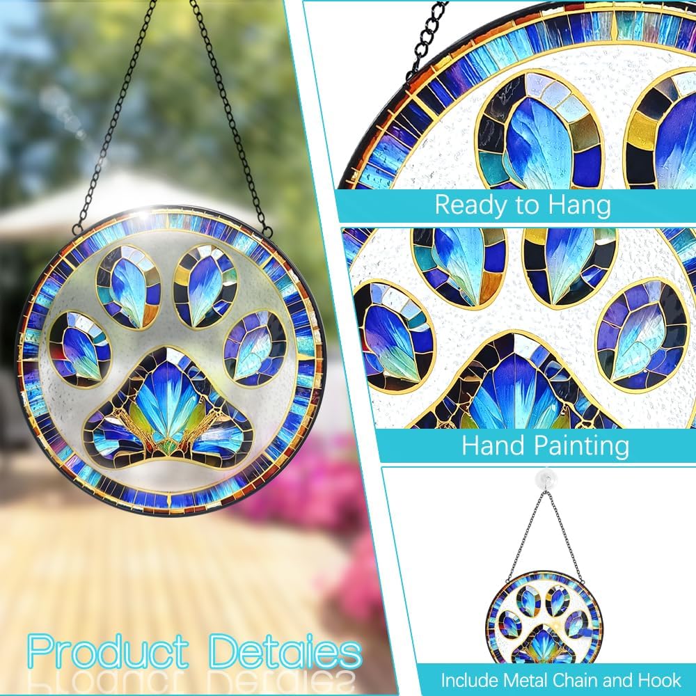 Paw Print Suncatcher Stained Glass Window Hanging - 8” Paw Print Stained Glass Suncatchers for
