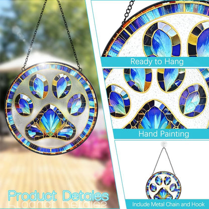 Paw Print Suncatcher Stained Glass Window Hanging - 8” Paw Print Stained Glass Suncatchers for