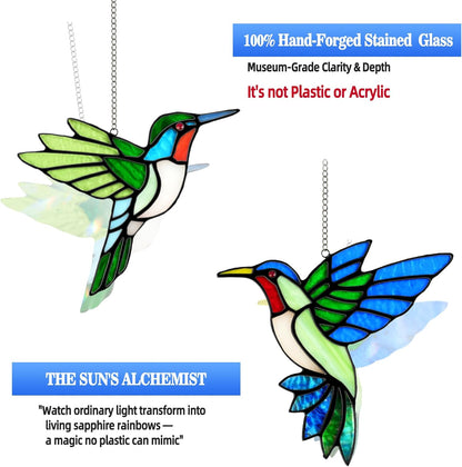 2 Packs Hummingbird Stained Glass Window Hanging Suncatchers - 6 Inch Handmade Real Glass with