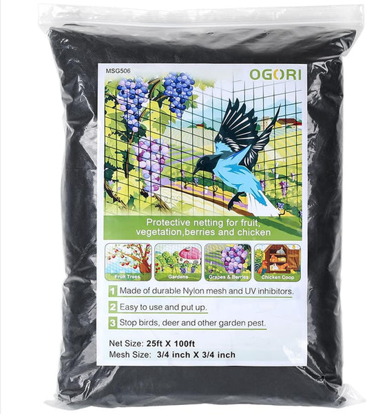 OGORI 25' x 100' Bird Netting Heavy Duty Nylon 3/4" Mesh Garden Netting Protect Fruit Trees, Plants