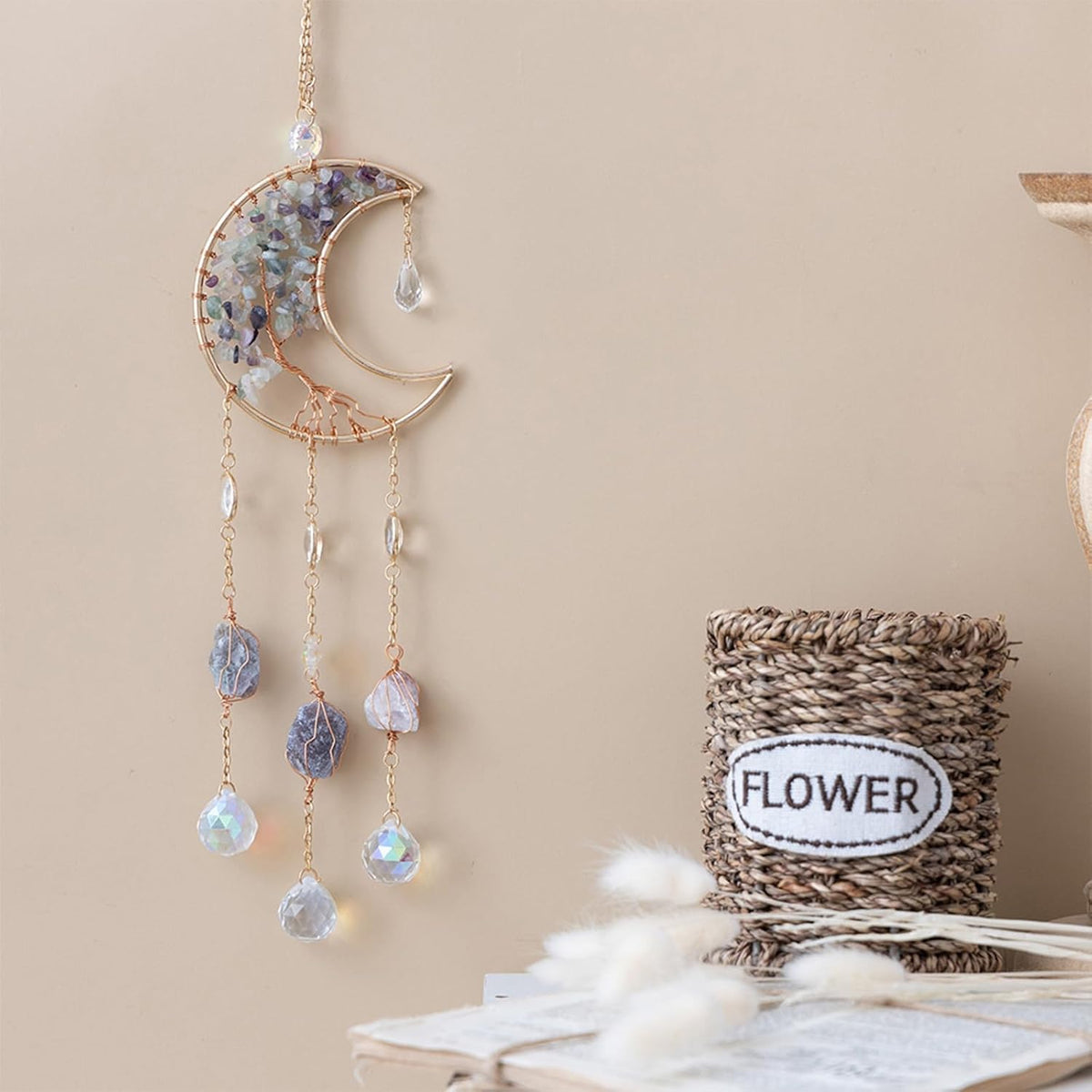 TUOKING Crystal Moon Suncatchers for Window Hanging Tree of Life Natural Healing Stones Wind Chimes