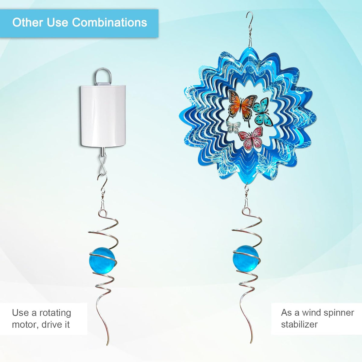 Gazing Ball Spiral Tail with 11inch Tail and 2inch Blue Glass Orb, Wind Spinner Stabilizer with