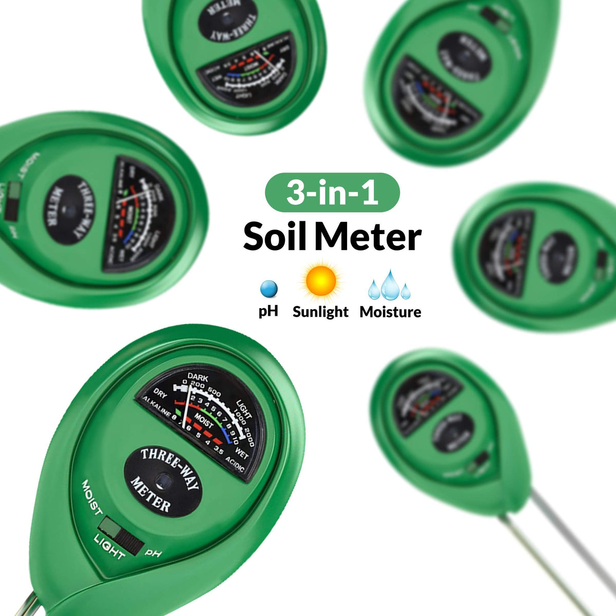 Soil Moisture Meter, Accurate Soil Moisture/PH/Light Meter Plant Soil Test Kit Indoor Outdoor Use