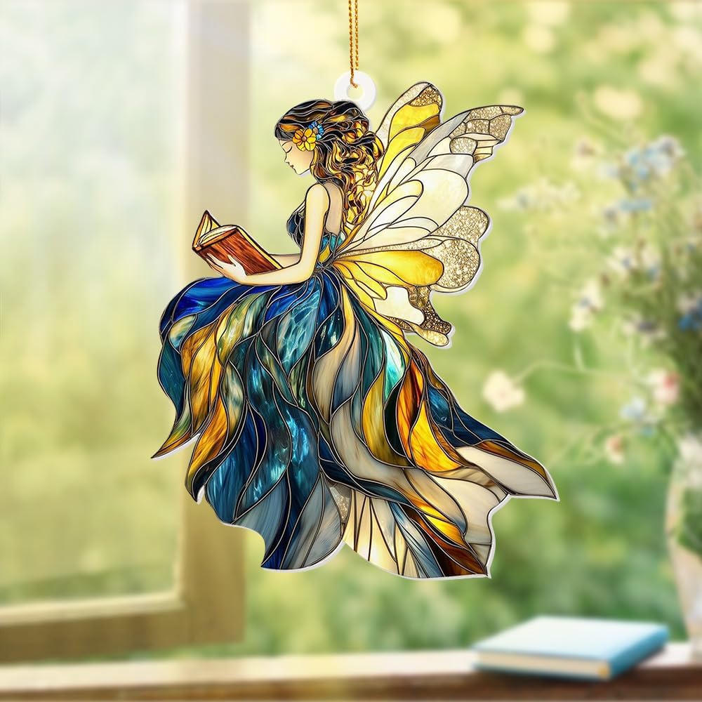 Reading Fairy Book Ornament – Stained Glass Style Acrylic Christmas Ornament, Book Lover Gift for